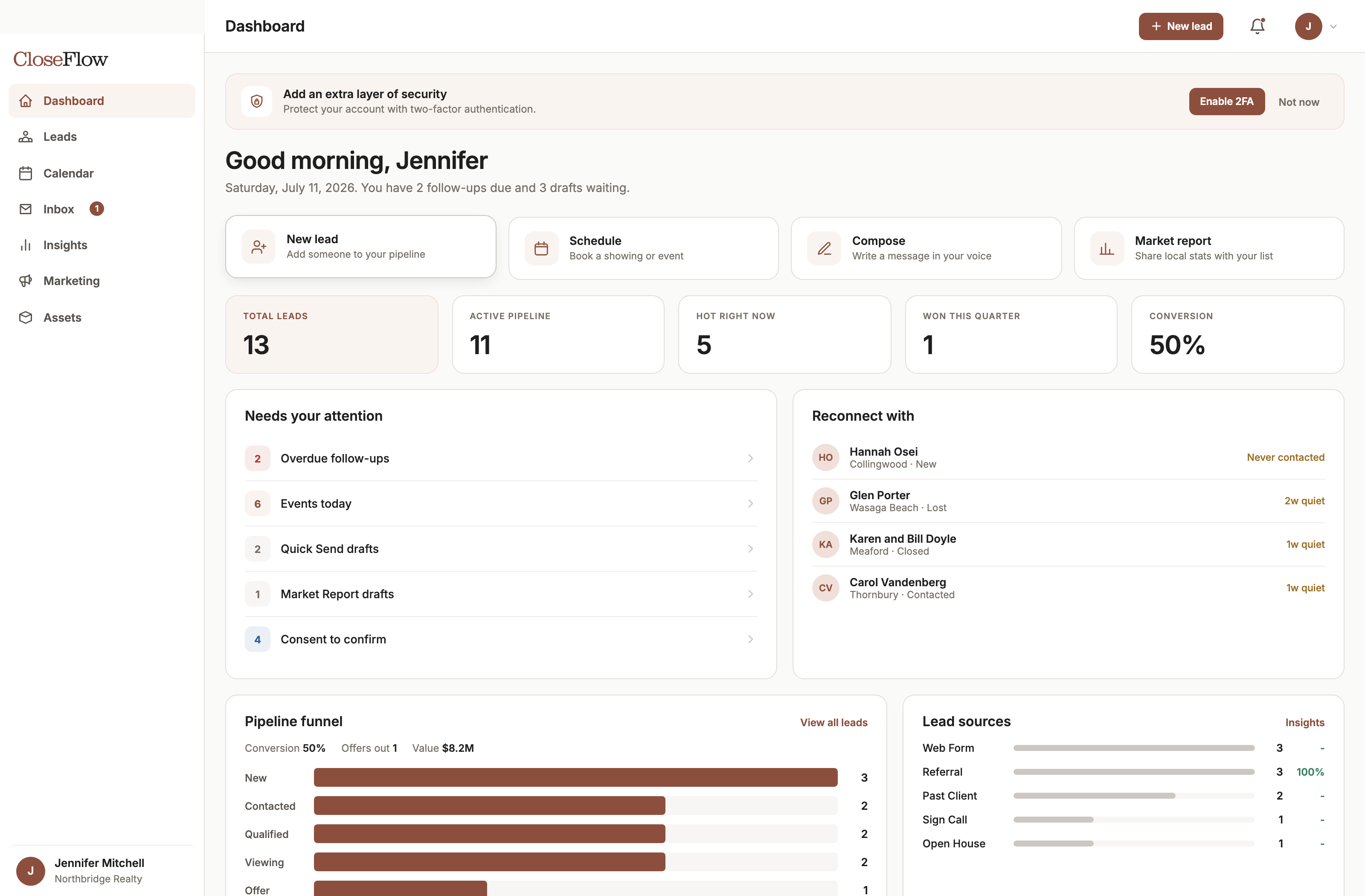 CloseFlow dashboard and contacts