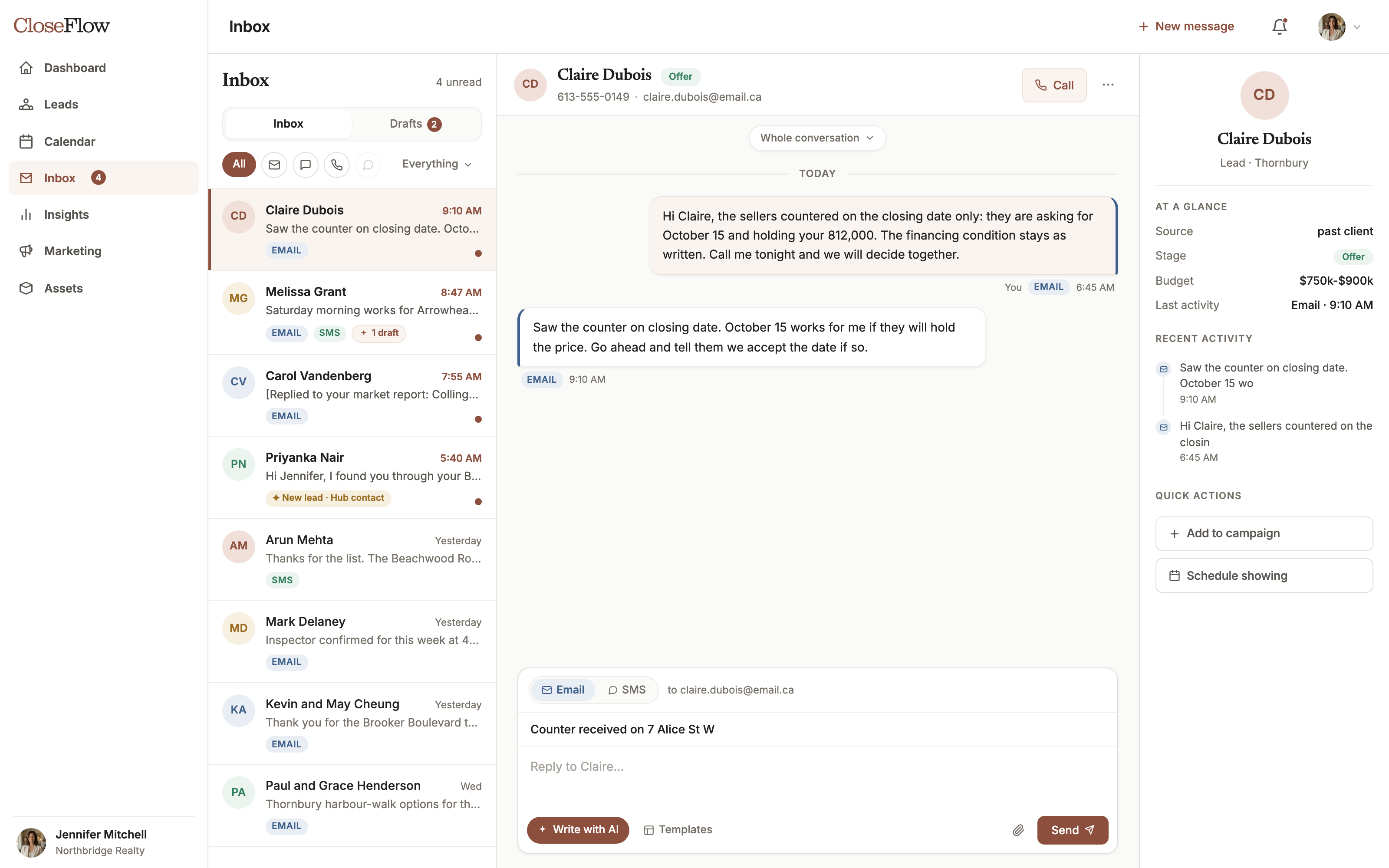 CloseFlow unified inbox: email and text in one conversation with an AI-drafted reply